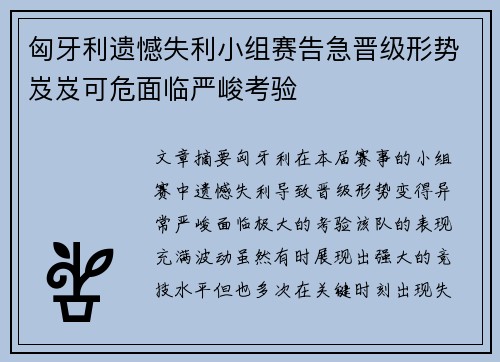 匈牙利遗憾失利小组赛告急晋级形势岌岌可危面临严峻考验