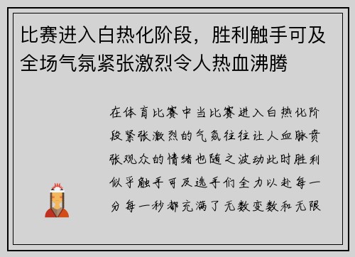 比赛进入白热化阶段，胜利触手可及全场气氛紧张激烈令人热血沸腾