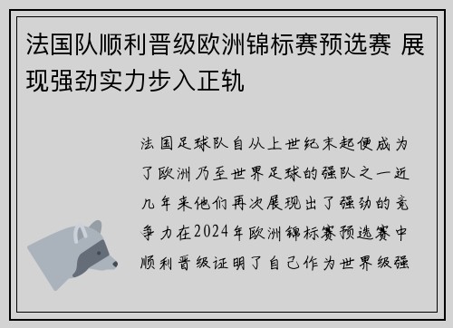 法国队顺利晋级欧洲锦标赛预选赛 展现强劲实力步入正轨