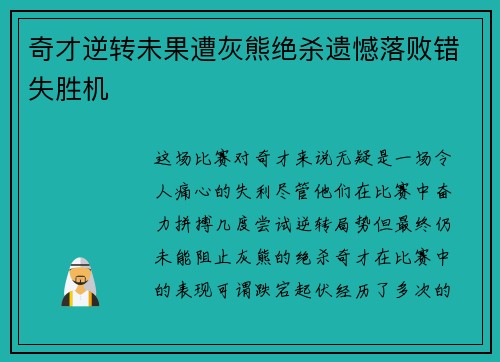 奇才逆转未果遭灰熊绝杀遗憾落败错失胜机